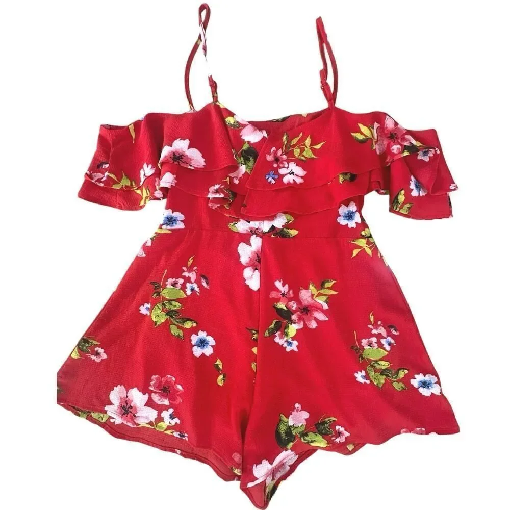 BOHO Summer Beach Tropical Red Floral Cold Shoulder Shorts Jumpsuit Size Medium